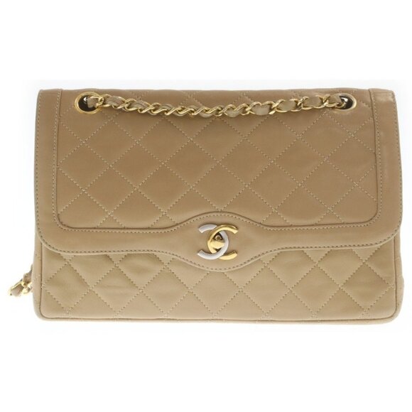 Authentic CHANEL CC Paris Limited Double Flap Bag Lambskin Matelasse Chain Beige - Picture 1 of 6